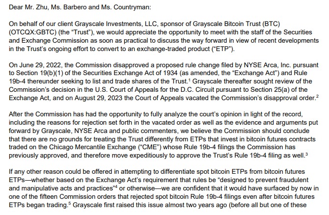 Excerto da carta da Grayscale à SEC