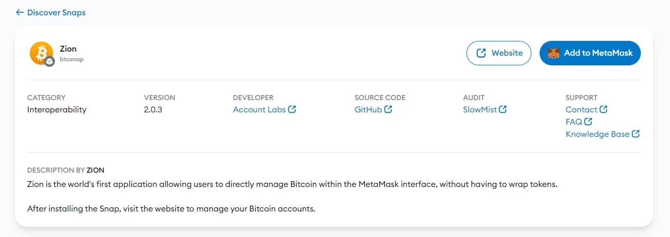 Pré-visualização do Snap Zion, que permite aos utilizadores interagir com o Bitcoin a partir da MetaMask