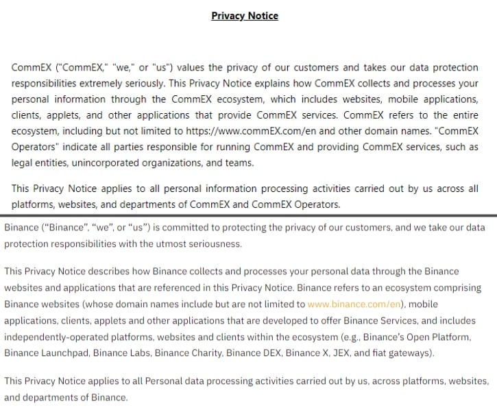 Zásady ochrany soukromí CommEX (vlevo) a zásady ochrany soukromí Binance (vpravo)