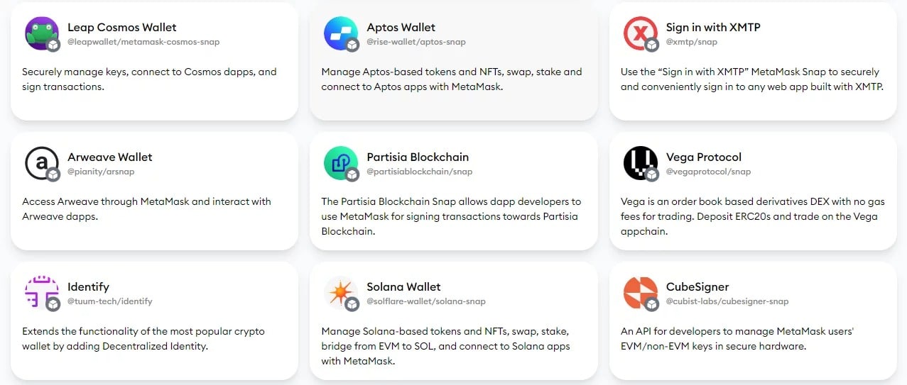 Examples of wallets available on MetaMask Snaps