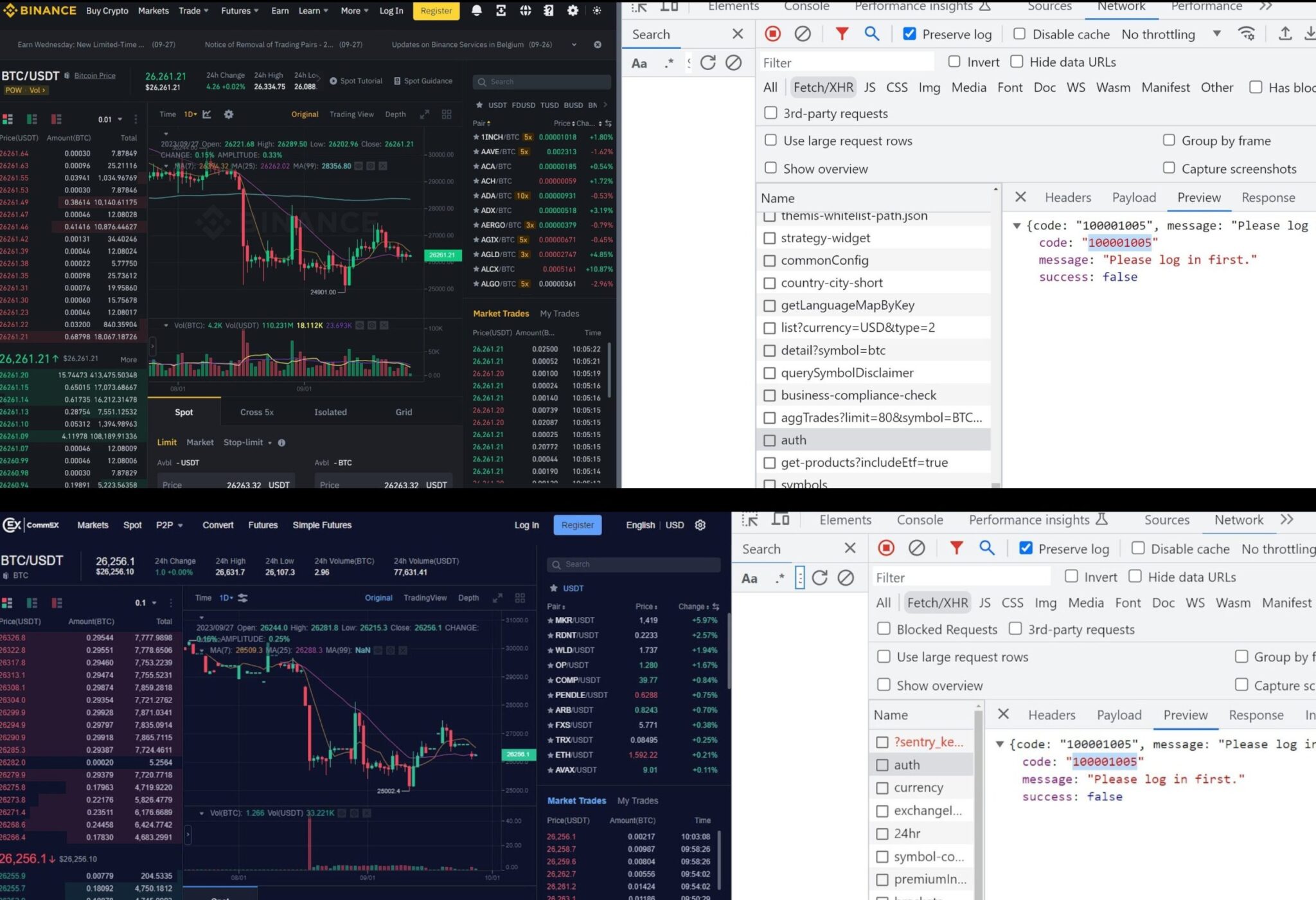 Binance (top) and CommEX (bottom) trading interface