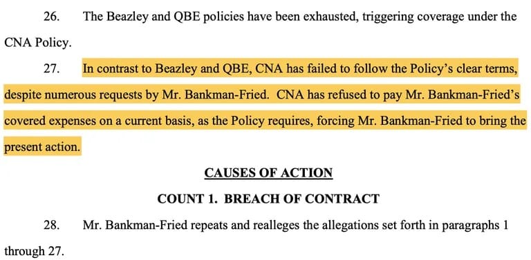 Fonte: Estratto della causa intentata da Sam Bankman-Fried contro Continental Casualty Company per violazione del contratto