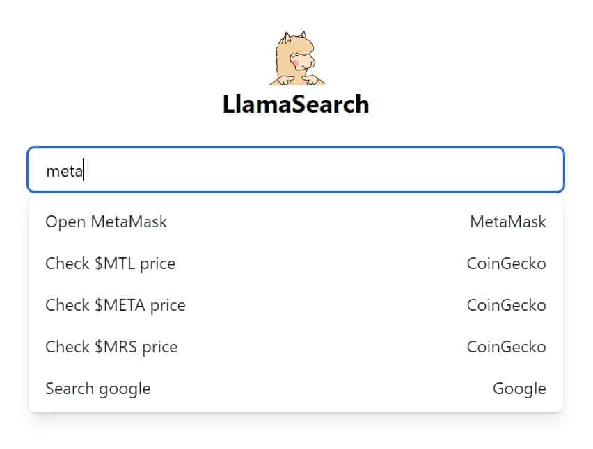 Náhled vyhledávače DefiLlama's LlamaSearch