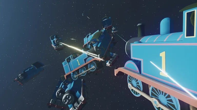 Thomas affronte ses doubles dans l'espace dans le mod Starfield. Image : NexusMods/Trainwiz.