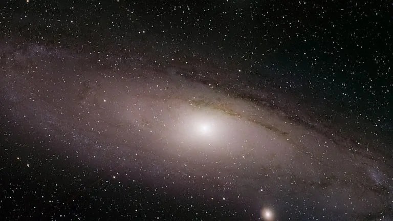 在帕洛玛天文台拍摄的仙女座星系的新合成图像，由三个波段的可见光组合而成。图片来源：ZTF/D. Goldstein and R. Hurt (Caltech)