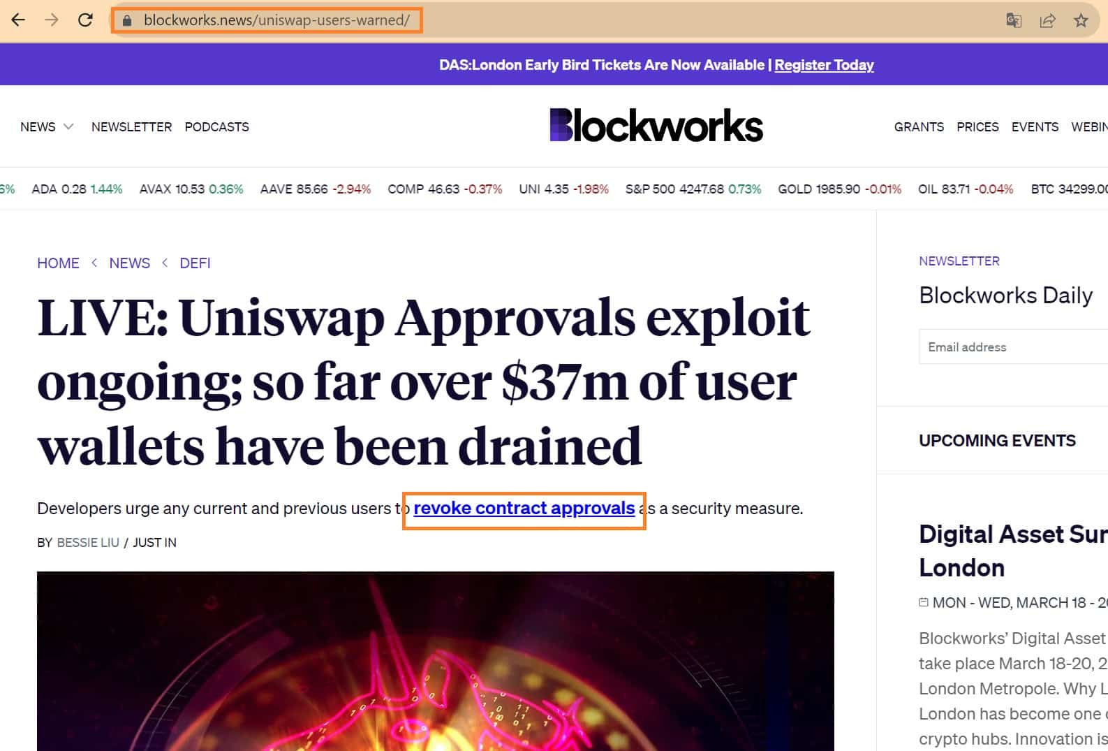 Figure 2 - Fraudulent phishing article on the fake Blockworks website