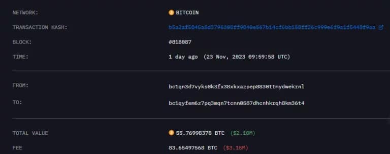 Screenshot van de overtredende Bitcoin-transactie