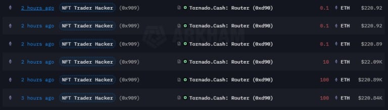 Screenshot showing some of the transactions made by the hacker