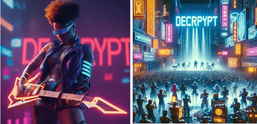 Cyberpunk futuristic artist performing for for a crowd on stage with the word