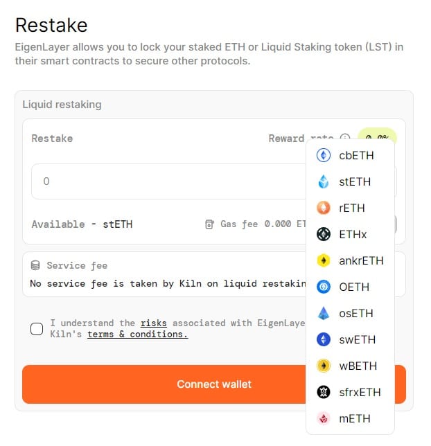 Preview of the restaking interface from Kiln's decentralised application