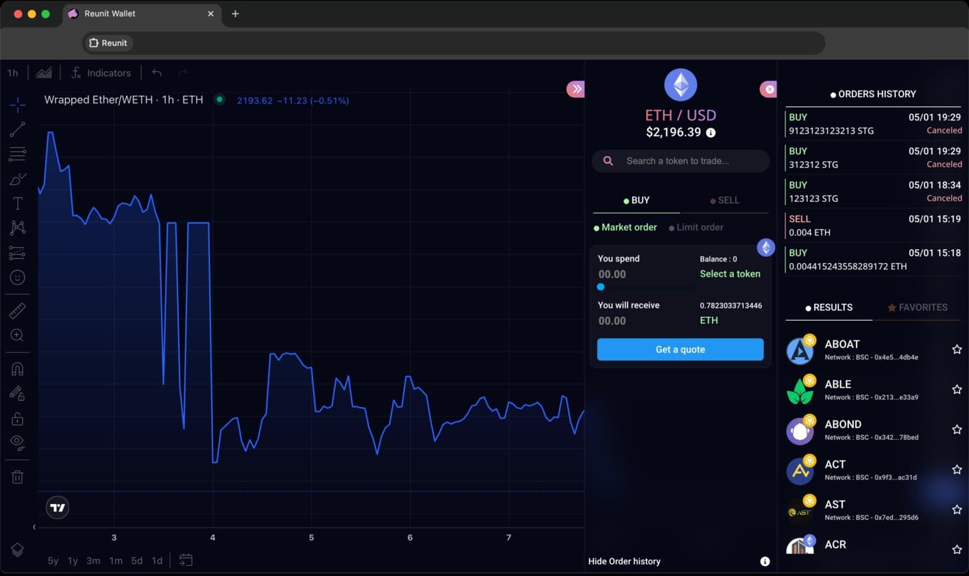Preview of Reunit's trading terminal, compatible with 7 blockchains