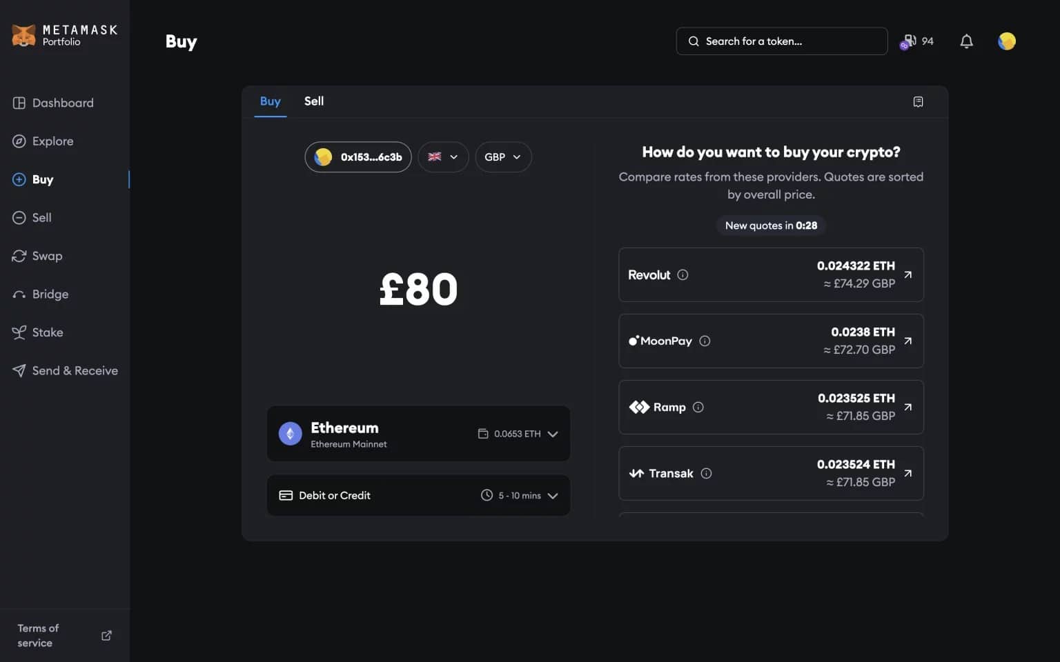 Snímek obrazovky zobrazující Revolut jako poskytovatele plateb třetí strany v aplikaci MetaMask