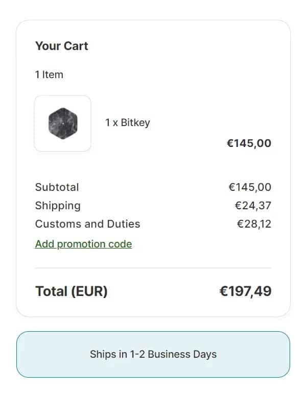 Price of a Bitkey hardware wallet, including tax and delivery