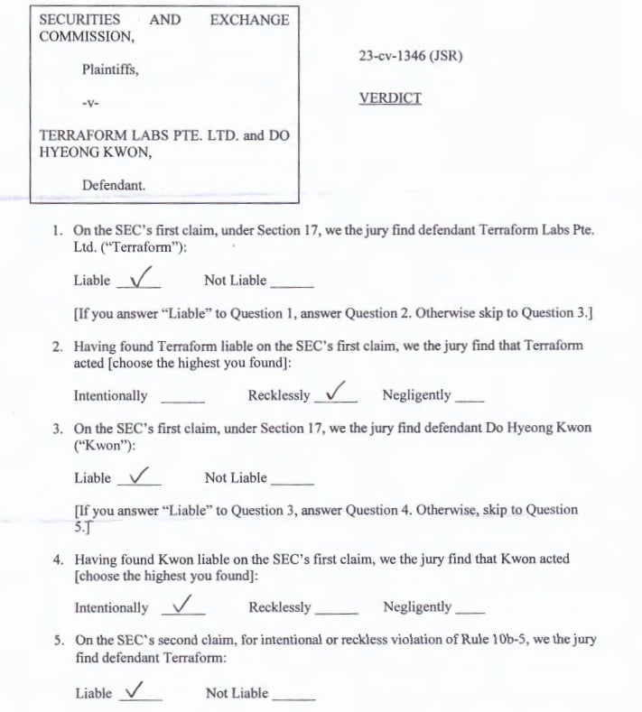 Съдебен документ, в който се посочва, че журито е признало Terraform Labs и До Куон за виновни